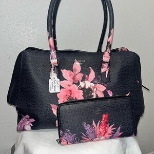 Guess Black and Pink Floral Satchel Bag